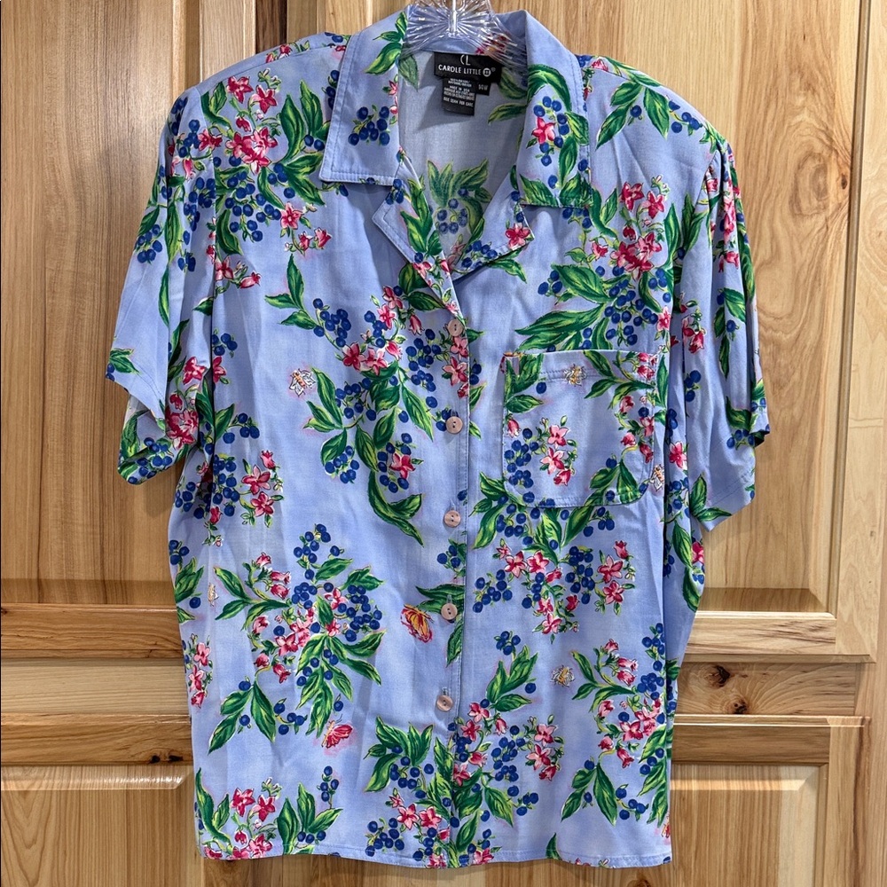 Vintage Carole Little Blue Tropical Floral Button-Front Short Sleeve Shirt 14W